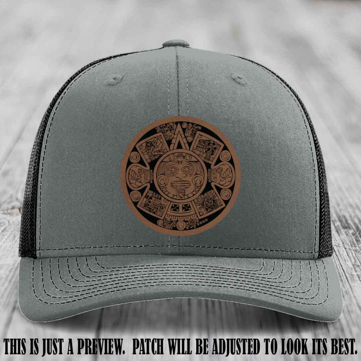 Aztec Vibes Dark Brown to Black Patch Leather patch on Heather Grey to Black Hat Richardson 112 custom trucker hat