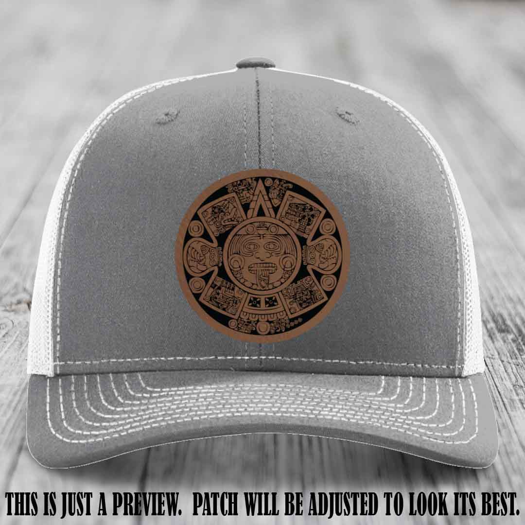 Aztec Vibes Dark Brown to Black Patch Leather patch on Heather Grey to White Hat Richardson 112 custom trucker hat