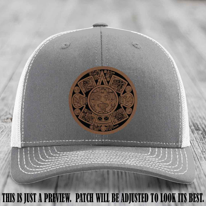 Aztec Vibes Dark Brown to Black Patch Leather patch on Heather Grey to White Hat Richardson 112 custom trucker hat