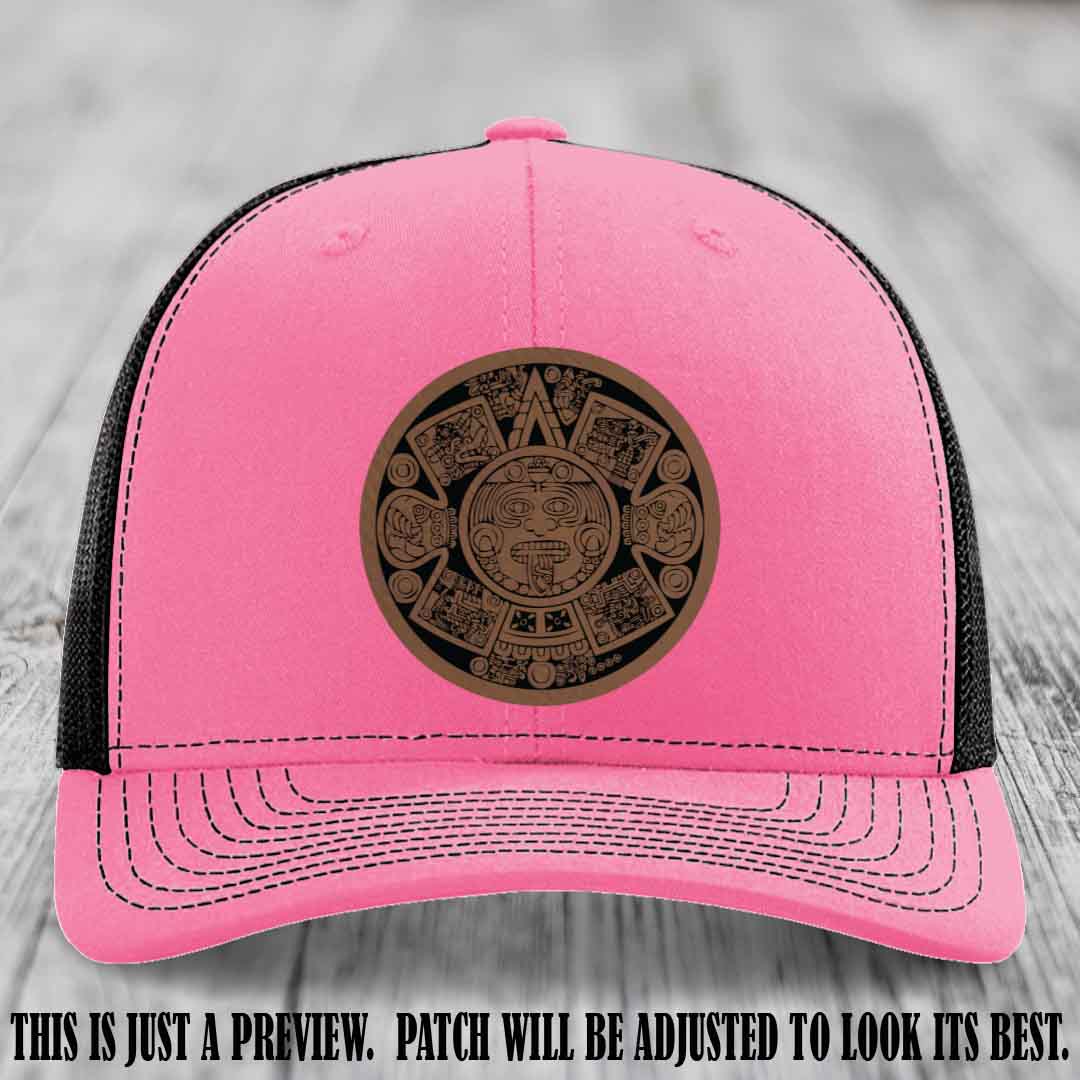 Aztec Vibes Dark Brown to Black Patch Leather patch on Hot Pink to Black Hat Richardson 112 custom trucker hat