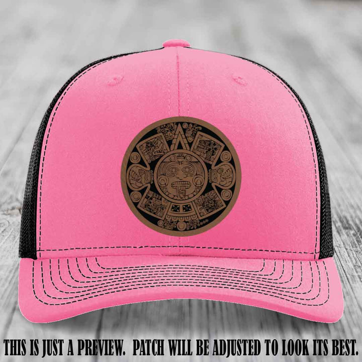 Aztec Vibes Dark Brown to Black Patch Leather patch on Hot Pink to Black Hat Richardson 112 custom trucker hat