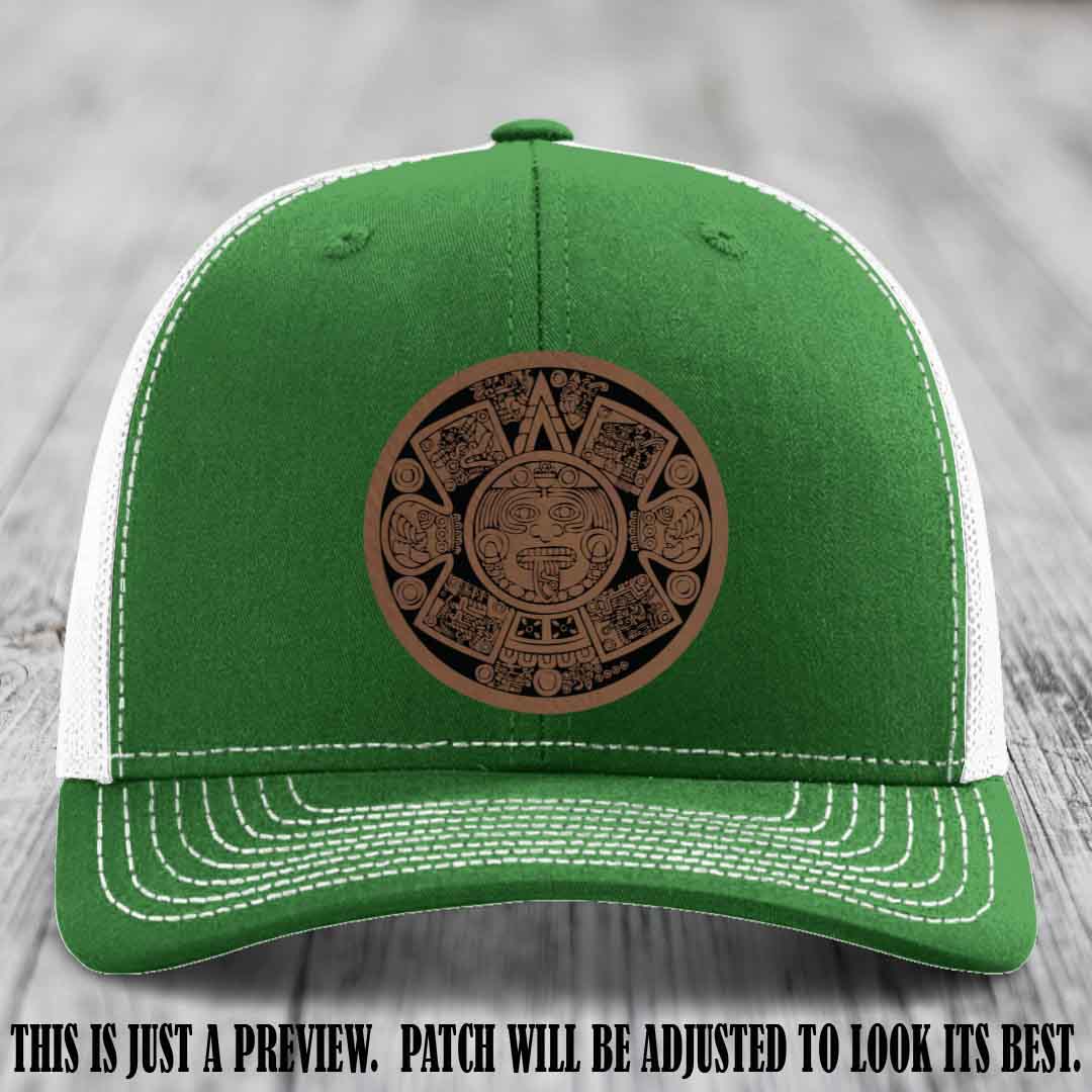 Aztec Vibes Dark Brown to Black Patch Leather patch on Kelly to White Hat Richardson 112 custom trucker hat