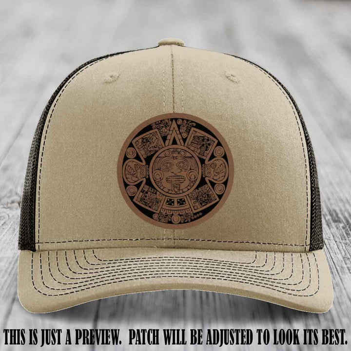 Aztec Vibes Dark Brown to Black Patch Leather patch on Khaki to Coffee Hat Richardson 112 custom trucker hat