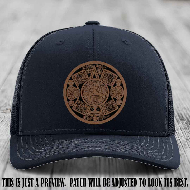 Aztec Vibes Dark Brown to Black Patch Leather patch on Navy Hat Richardson 112 custom trucker hat