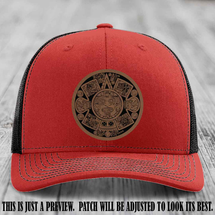 Aztec Vibes Dark Brown to Black Patch Leather patch on Red to Black Hat Richardson 112 custom trucker hat