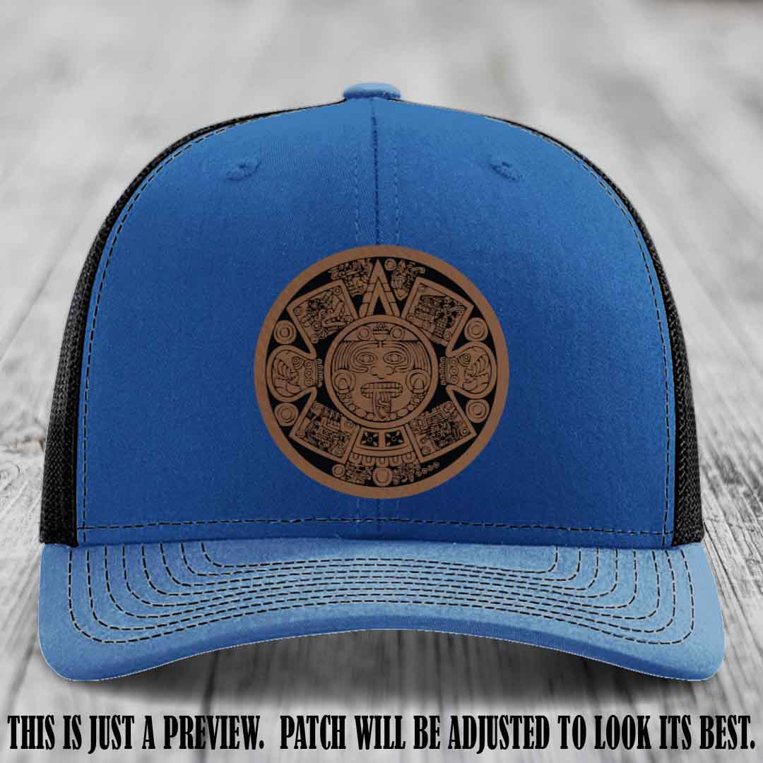 Aztec Vibes Dark Brown to Black Patch Leather patch on Royal to Black Hat Richardson 112 custom trucker hat