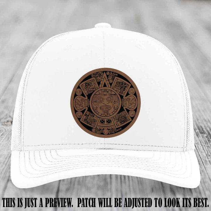 Aztec Vibes Dark Brown to Black Patch Leather patch on White Hat Richardson 112 custom trucker hat