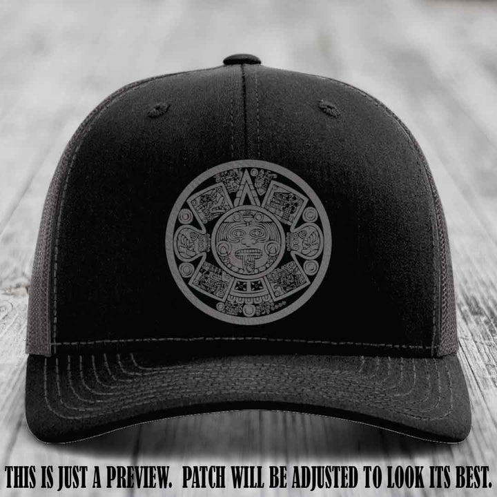 Aztec Vibes Grey to Black Patch Leather patch on Black to Charcoal Hat Richardson 112 custom trucker hat