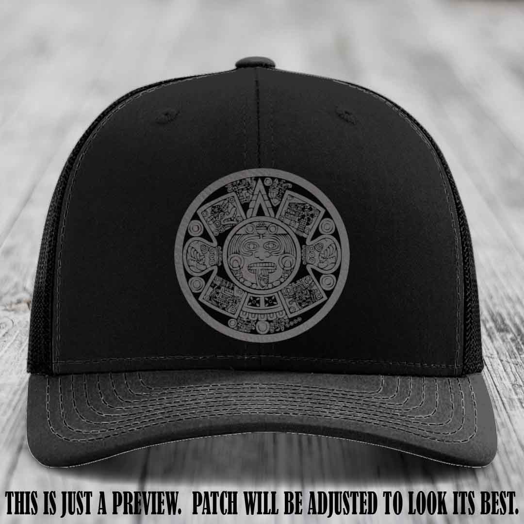 Aztec Vibes Grey to Black Patch Leather patch on Black Hat Richardson 112 custom trucker hat