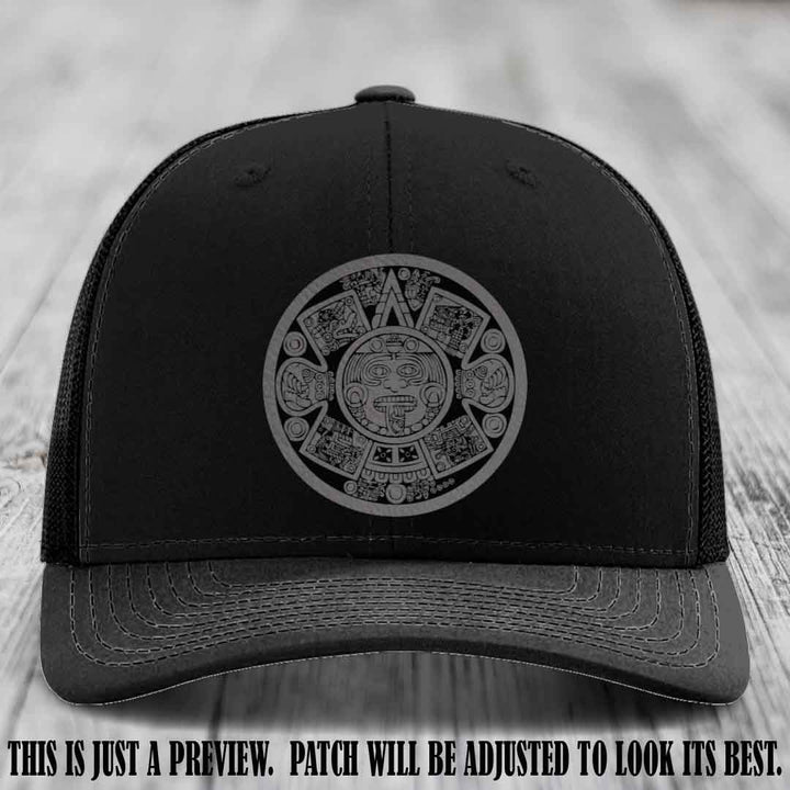 Aztec Vibes Grey to Black Patch Leather patch on Black Hat Richardson 112 custom trucker hat