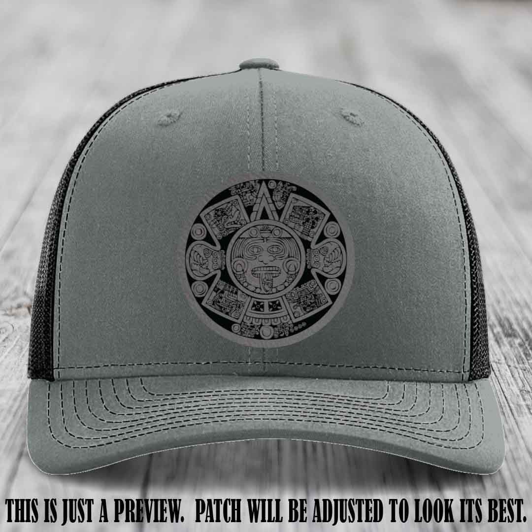 Aztec Vibes Grey to Black Patch Leather patch on Heather Grey to Black Hat Richardson 112 custom trucker hat