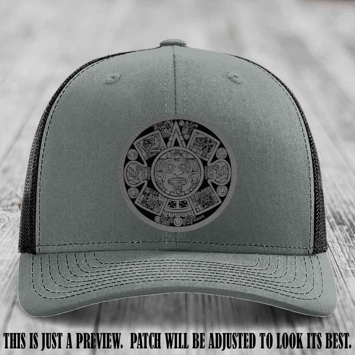 Aztec Vibes Grey to Black Patch Leather patch on Heather Grey to Black Hat Richardson 112 custom trucker hat