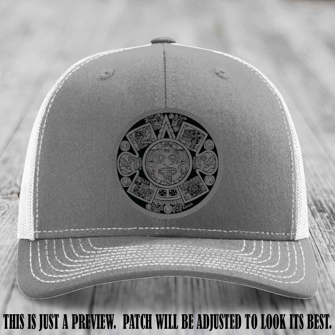 Aztec Vibes Grey to Black Patch Leather patch on Heather Grey to White Hat Richardson 112 custom trucker hat