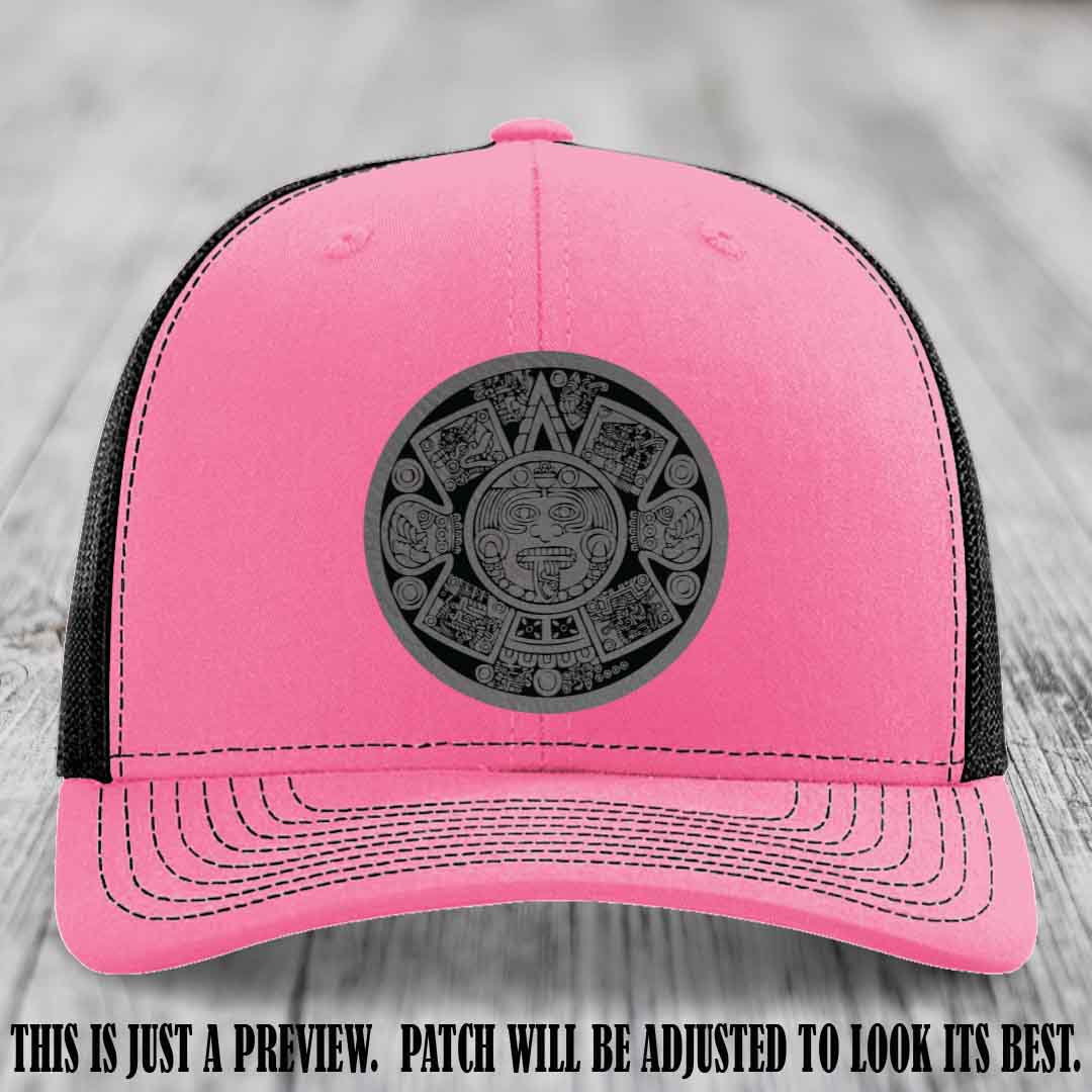 Aztec Vibes Grey to Black Patch Leather patch on Hot Pink to Black Hat Richardson 112 custom trucker hat