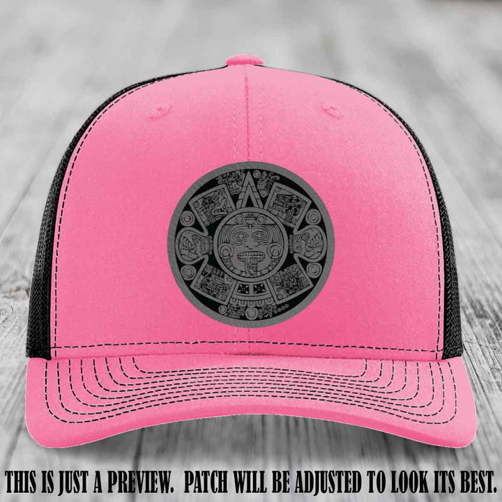 Aztec Vibes Grey to Black Patch Leather patch on Hot Pink to Black Hat Richardson 112 custom trucker hat