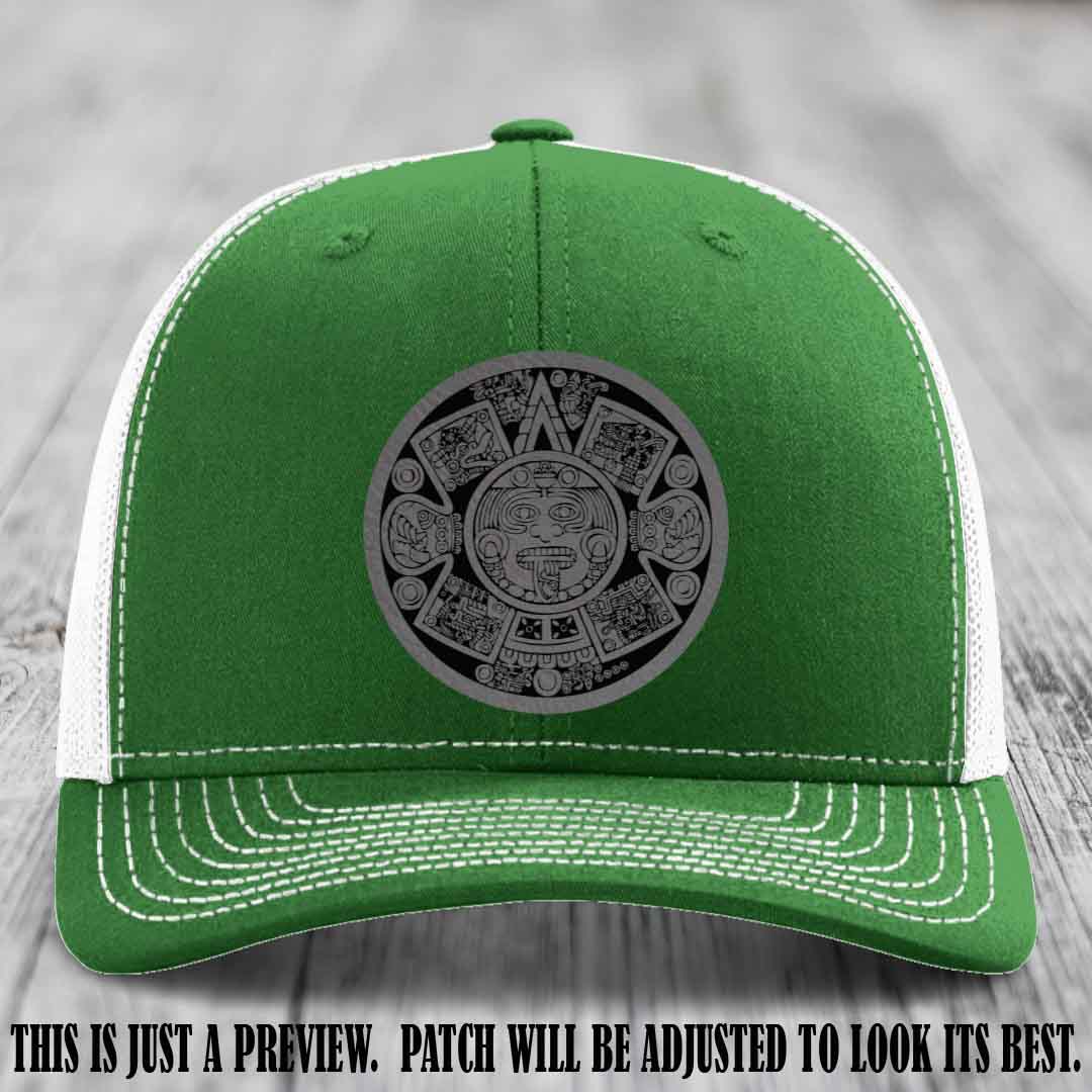 Aztec Vibes Grey to Black Patch Leather patch on Kelly to White Hat Richardson 112 custom trucker hat