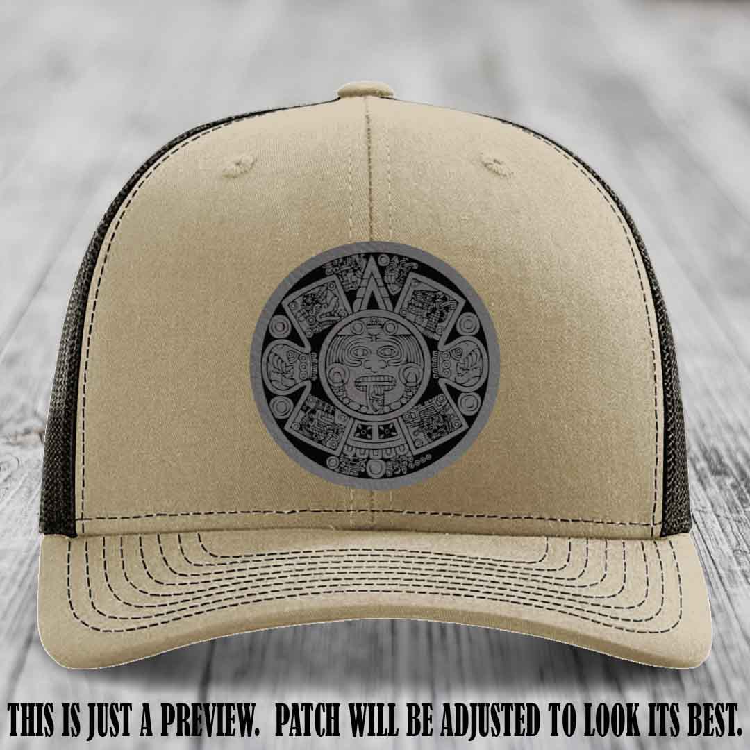 Aztec Vibes Grey to Black Patch Leather patch on Khaki to Coffee Hat Richardson 112 custom trucker hat