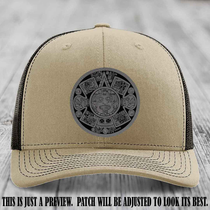 Aztec Vibes Grey to Black Patch Leather patch on Khaki to Coffee Hat Richardson 112 custom trucker hat