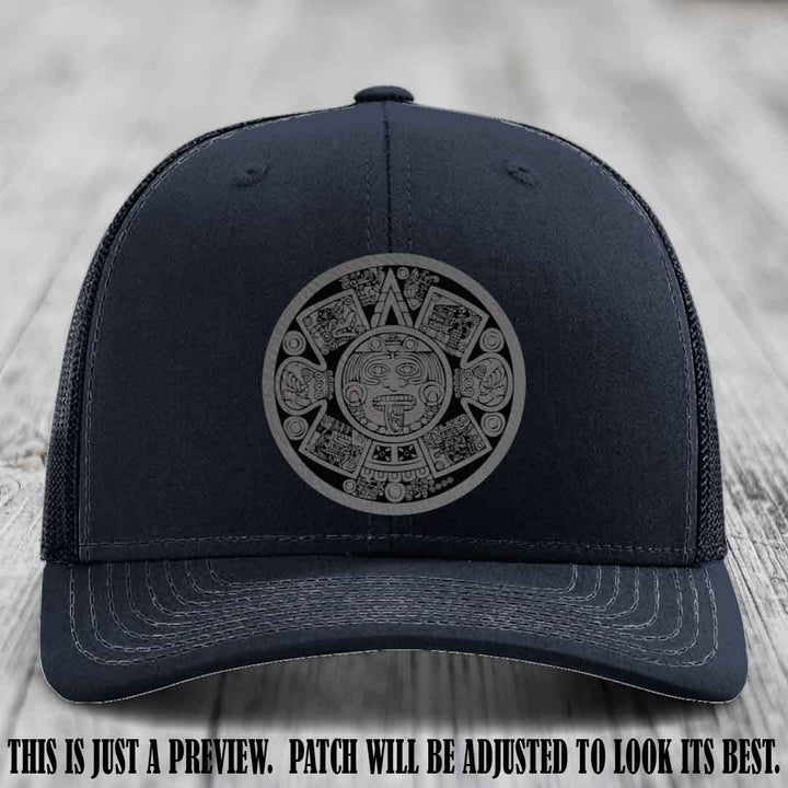 Aztec Vibes Grey to Black Patch Leather patch on Navy Hat Richardson 112 custom trucker hat