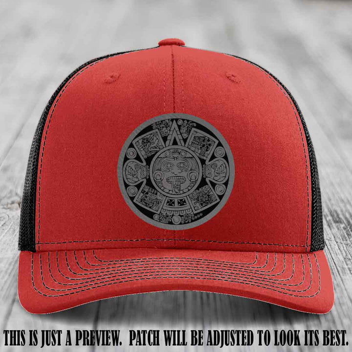 Aztec Vibes Grey to Black Patch Leather patch on Red to Black Hat Richardson 112 custom trucker hat