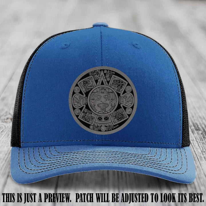 Aztec Vibes Grey to Black Patch Leather patch on Royal to Black Hat Richardson 112 custom trucker hat