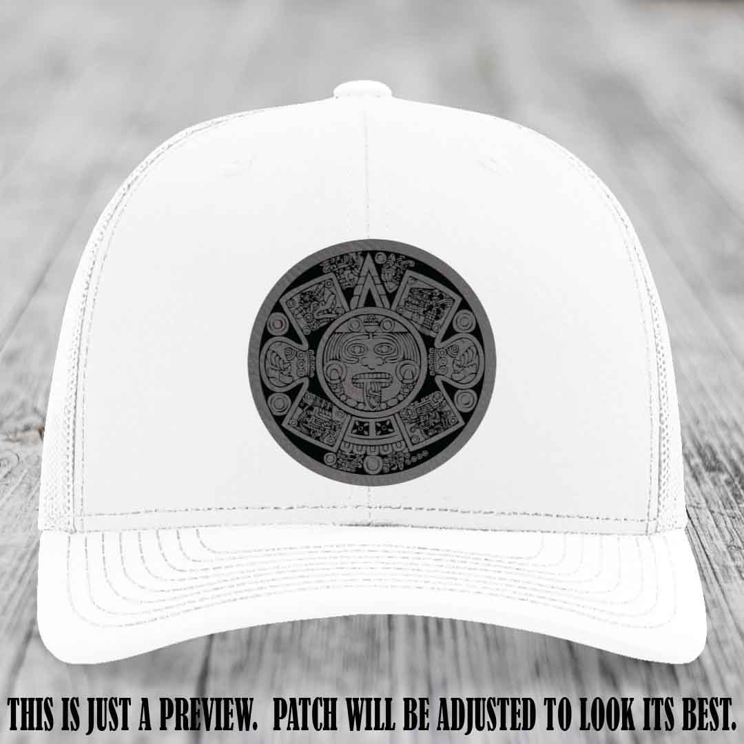 Aztec Vibes Grey to Black Patch Leather patch on White Hat Richardson 112 custom trucker hat