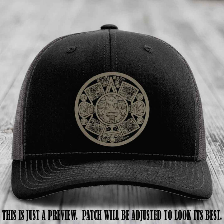 Aztec Vibes Light Brown to Black Patch Leather patch on Black to Charcoal Hat Richardson 112 custom trucker hat