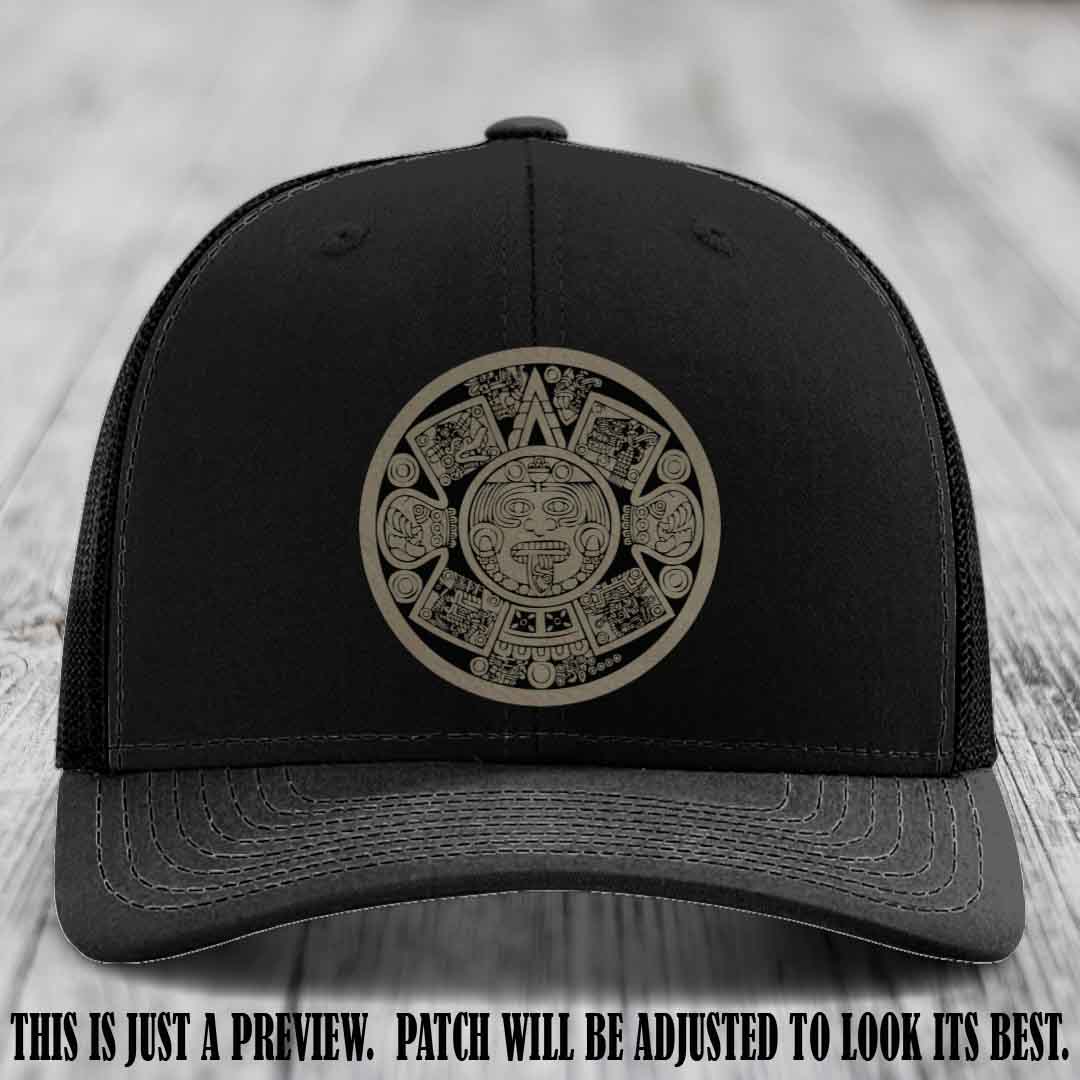 Aztec Vibes Light Brown to Black Patch Leather patch on Black Hat Richardson 112 custom trucker hat