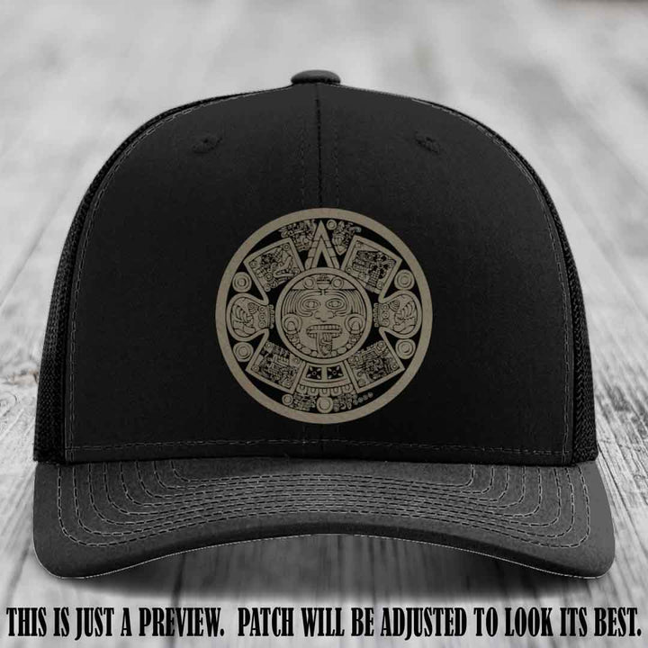 Aztec Vibes Light Brown to Black Patch Leather patch on Black Hat Richardson 112 custom trucker hat
