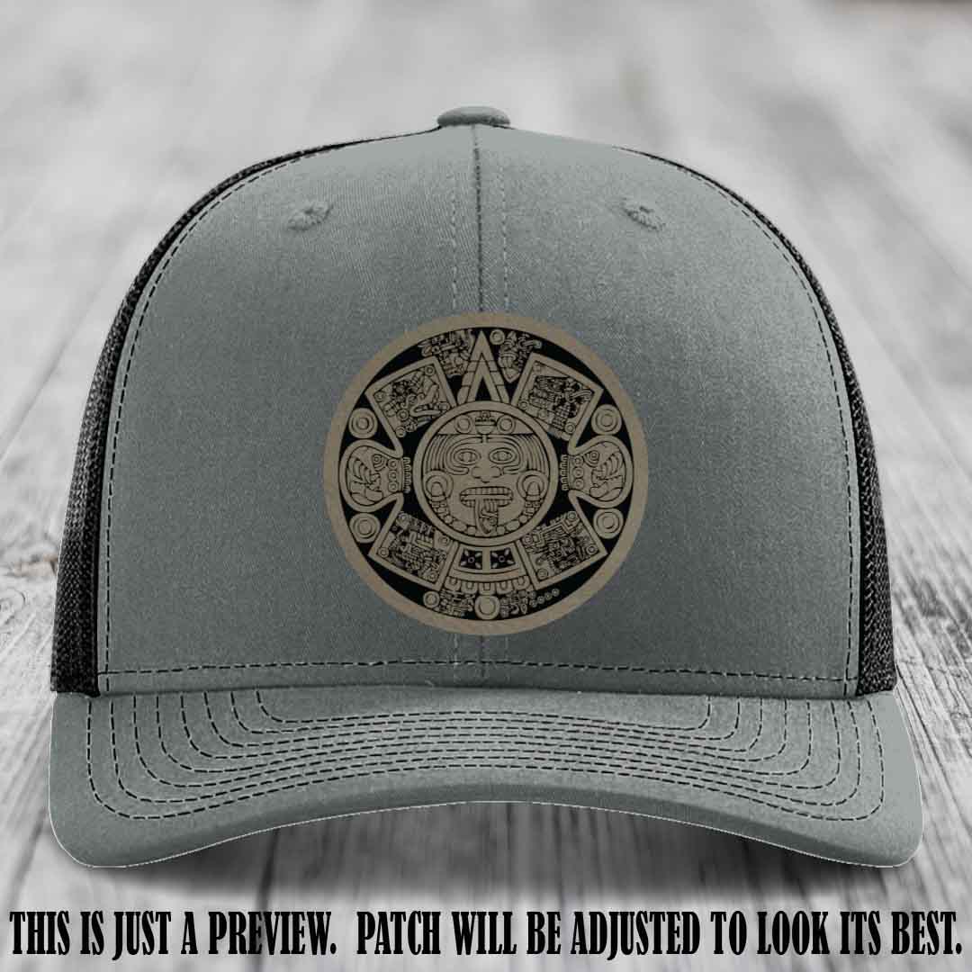 Aztec Vibes Light Brown to Black Patch Leather patch on Heather Grey to Black Hat Richardson 112 custom trucker hat