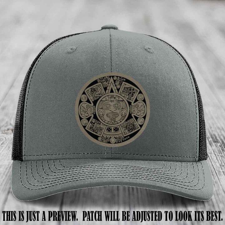 Aztec Vibes Light Brown to Black Patch Leather patch on Heather Grey to Black Hat Richardson 112 custom trucker hat