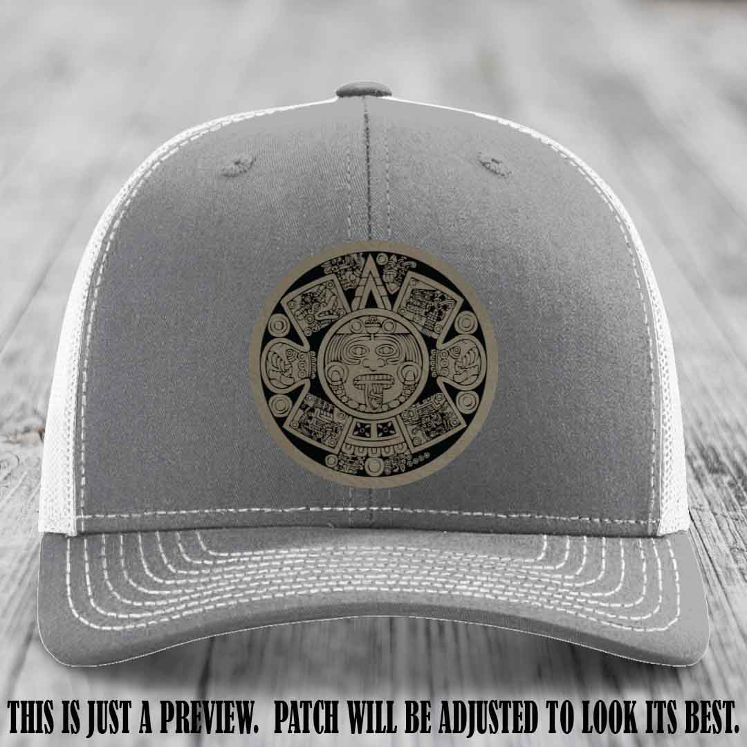 Aztec Vibes Light Brown to Black Patch Leather patch on Heather Grey to White Hat Richardson 112 custom trucker hat