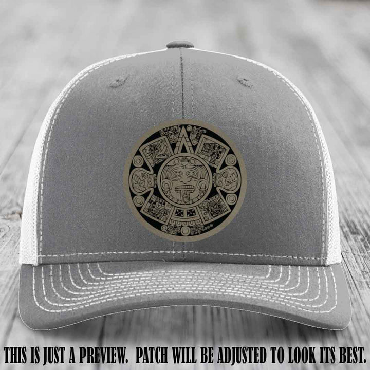 Aztec Vibes Light Brown to Black Patch Leather patch on Heather Grey to White Hat Richardson 112 custom trucker hat