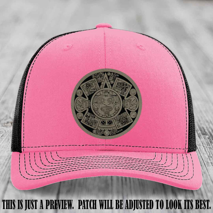Aztec Vibes Light Brown to Black Patch Leather patch on Hot Pink to Black Hat Richardson 112 custom trucker hat