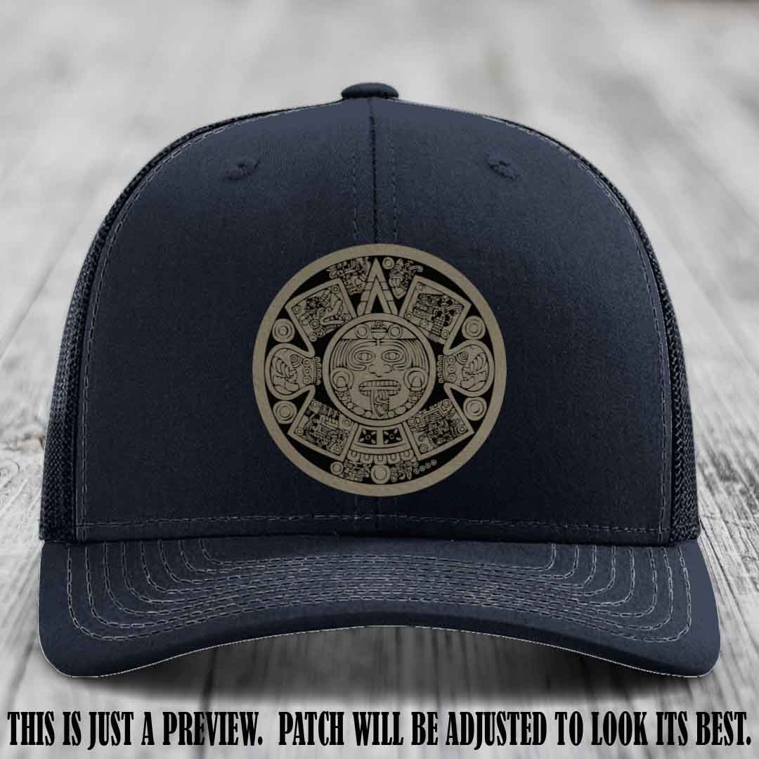 Aztec Vibes Light Brown to Black Patch Leather patch on Navy Hat Richardson 112 custom trucker hat