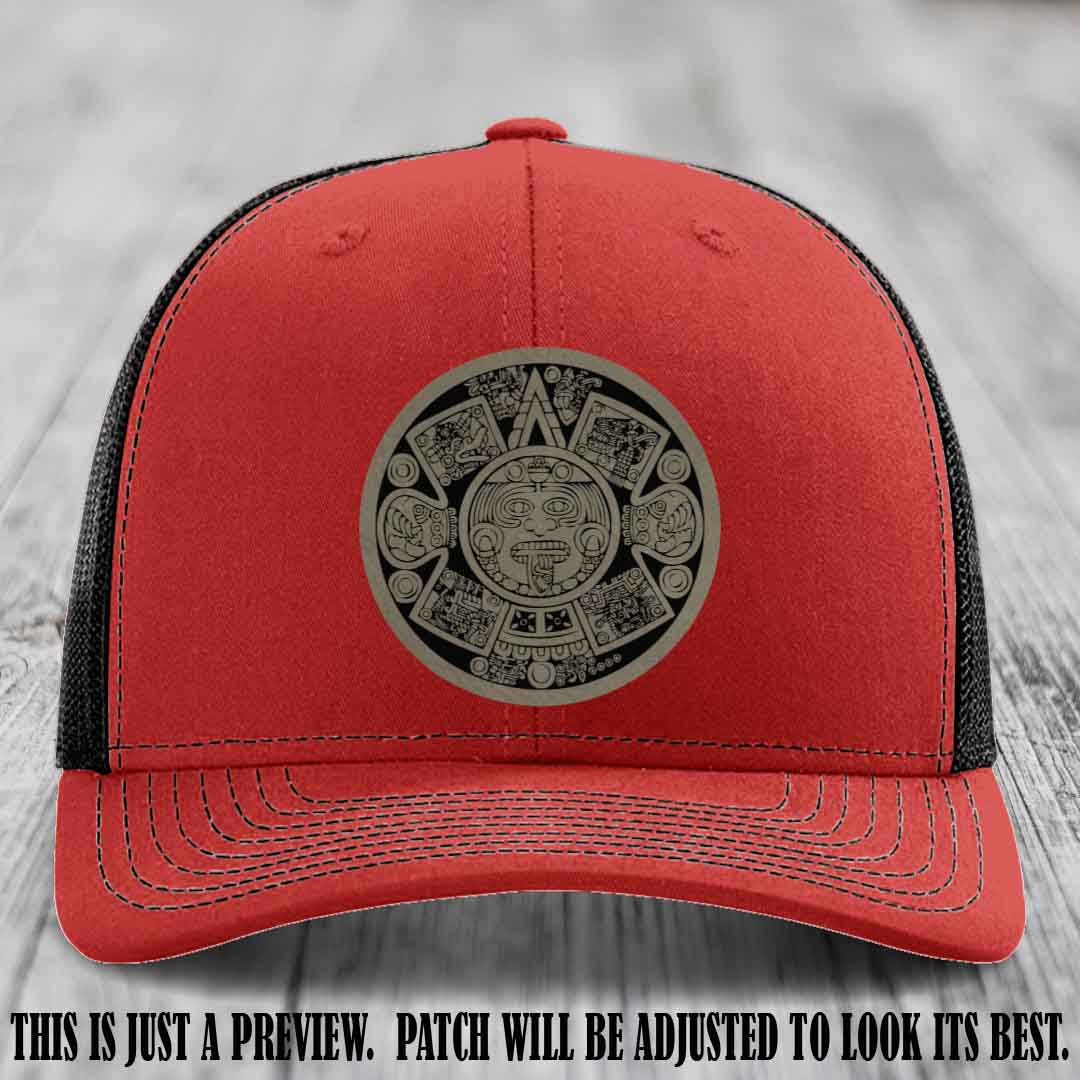 Aztec Vibes Light Brown to Black Patch Leather patch on Red to Black Hat Richardson 112 custom trucker hat