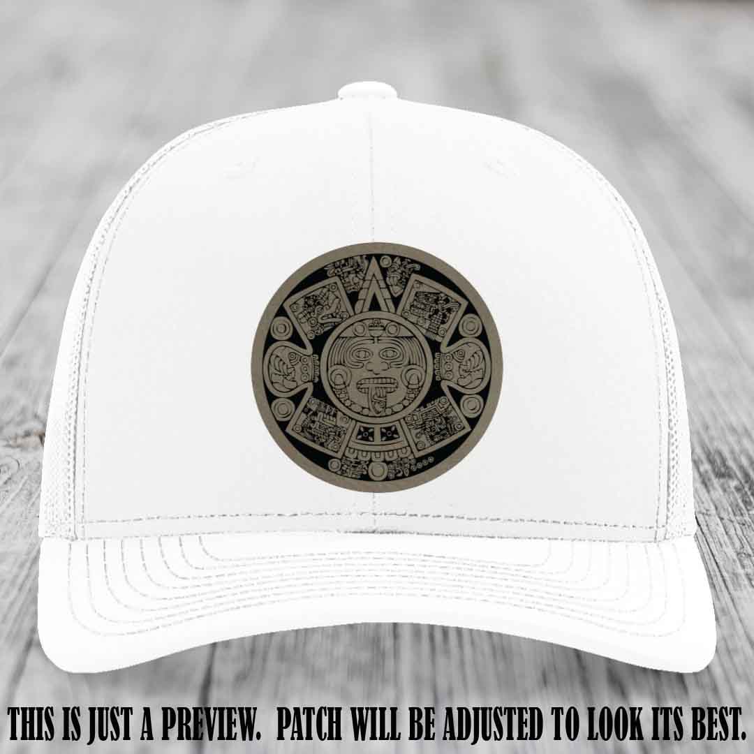 Aztec Vibes Light Brown to Black Patch Leather patch on White Hat Richardson 112 custom trucker hat