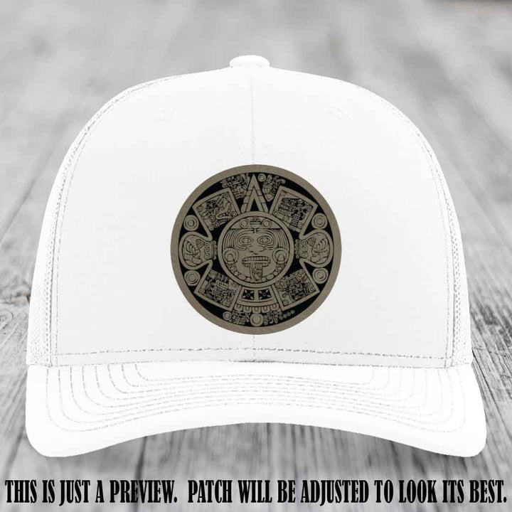 Aztec Vibes Light Brown to Black Patch Leather patch on White Hat Richardson 112 custom trucker hat