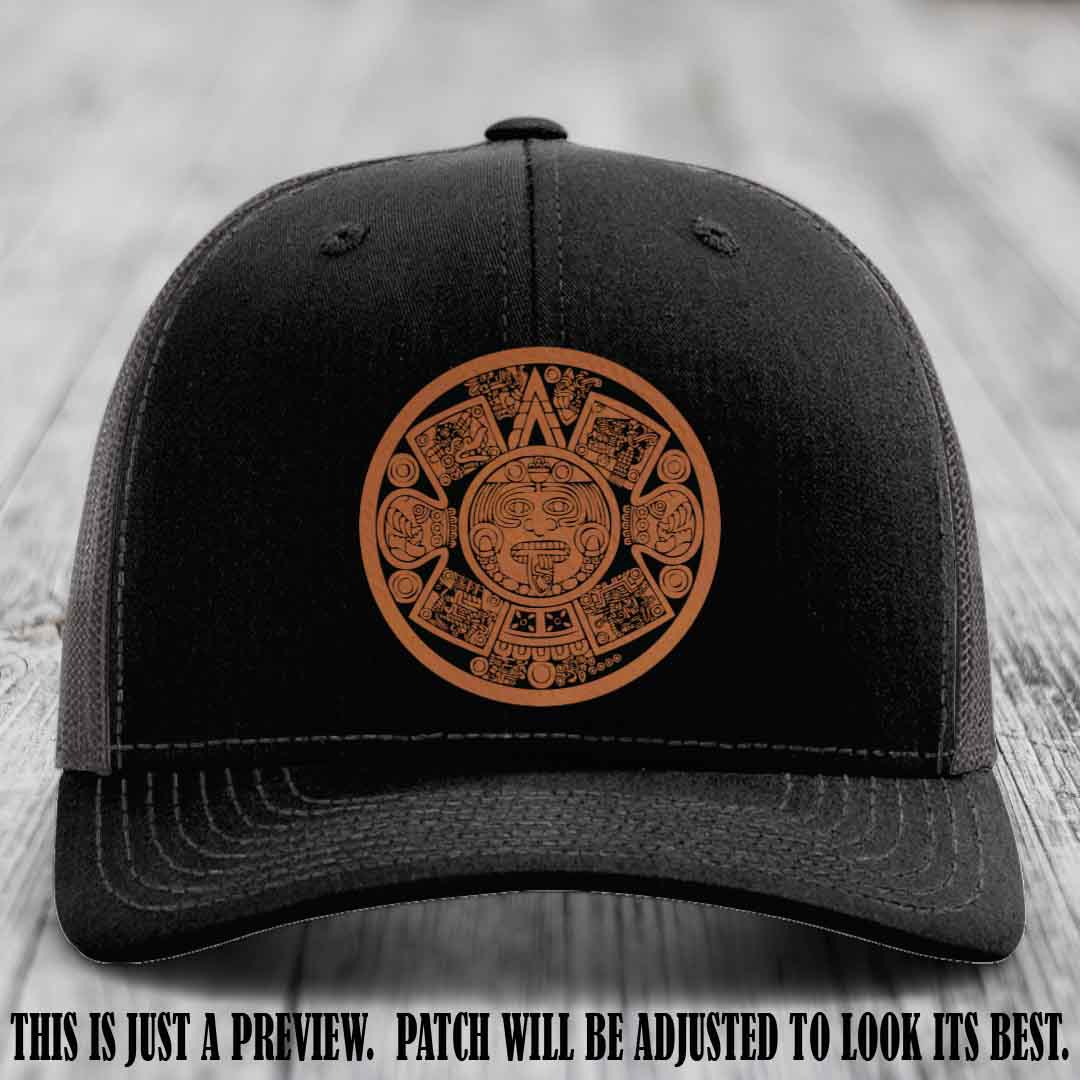 Aztec Vibes Rawhide to Black Patch Leather patch on Black to Charcoal Hat Richardson 112 custom trucker hat