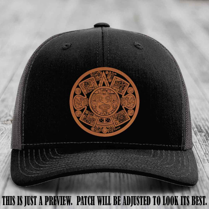 Aztec Vibes Rawhide to Black Patch Leather patch on Black to Charcoal Hat Richardson 112 custom trucker hat