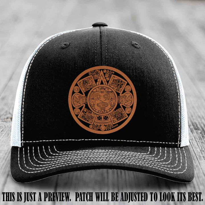 Aztec Vibes Rawhide to Black Patch Leather patch on Black to White Hat Richardson 112 custom trucker hat