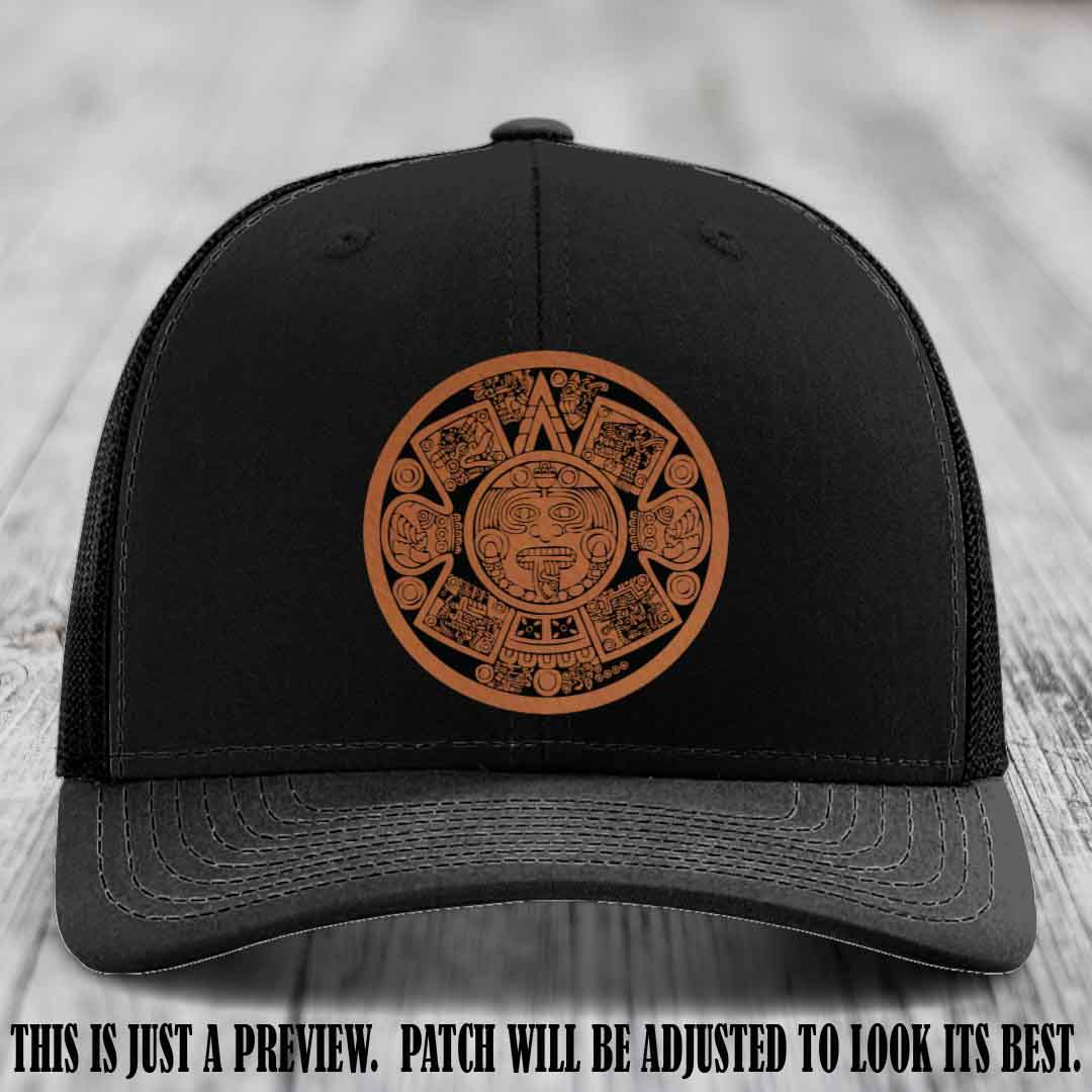Aztec Vibes Rawhide to Black Patch Leather patch on Black Hat Richardson 112 custom trucker hat