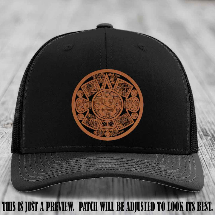 Aztec Vibes Rawhide to Black Patch Leather patch on Black Hat Richardson 112 custom trucker hat
