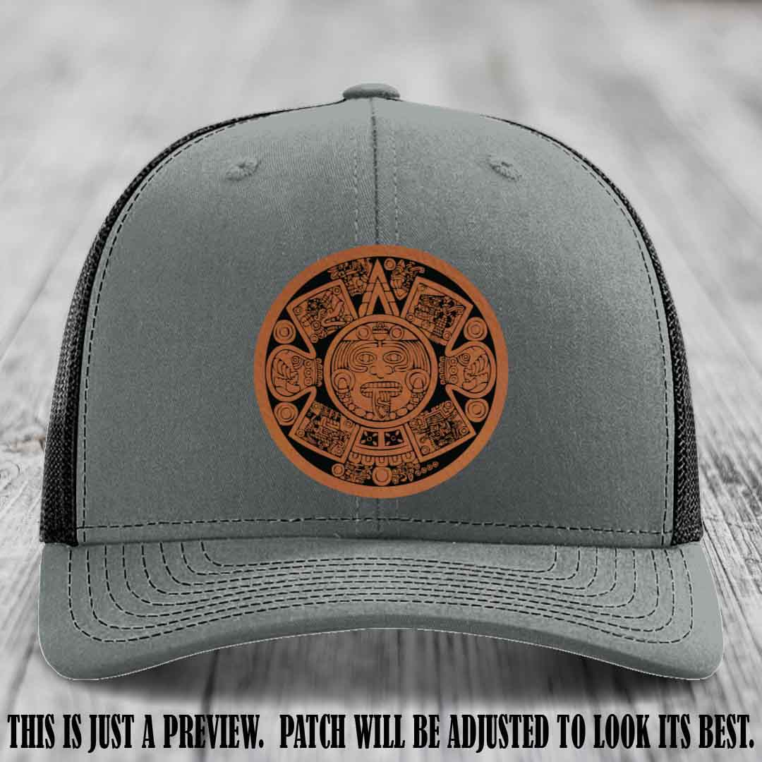 Aztec Vibes Rawhide to Black Patch Leather patch on Heather Grey to Black Hat Richardson 112 custom trucker hat