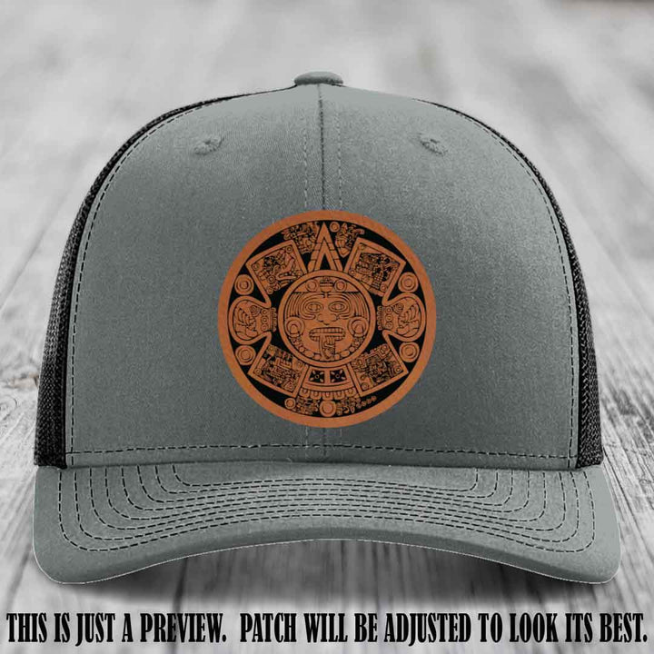 Aztec Vibes Rawhide to Black Patch Leather patch on Heather Grey to Black Hat Richardson 112 custom trucker hat
