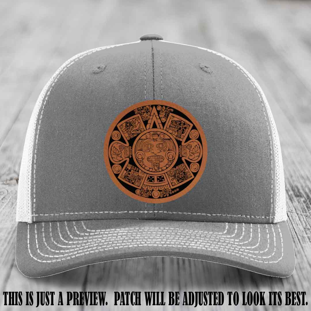 Aztec Vibes Rawhide to Black Patch Leather patch on Heather Grey to White Hat Richardson 112 custom trucker hat