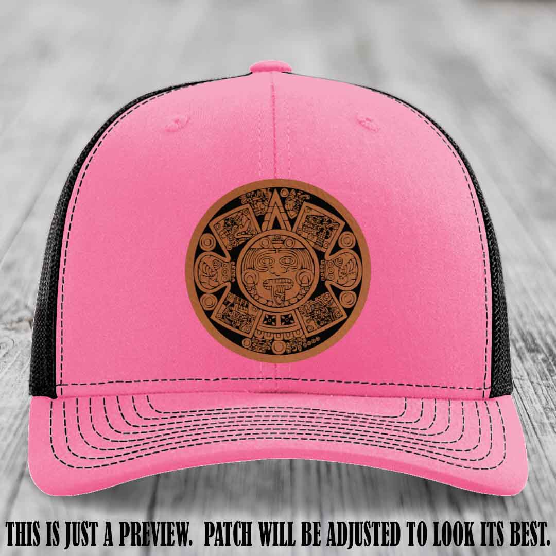 Aztec Vibes Rawhide to Black Patch Leather patch on Hot Pink to Black Hat Richardson 112 custom trucker hat