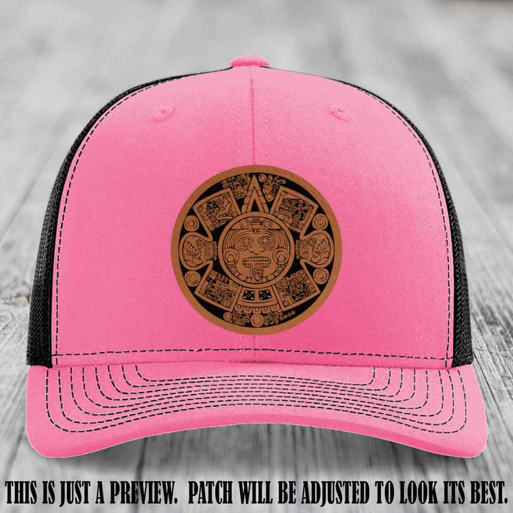 Aztec Vibes Rawhide to Black Patch Leather patch on Hot Pink to Black Hat Richardson 112 custom trucker hat