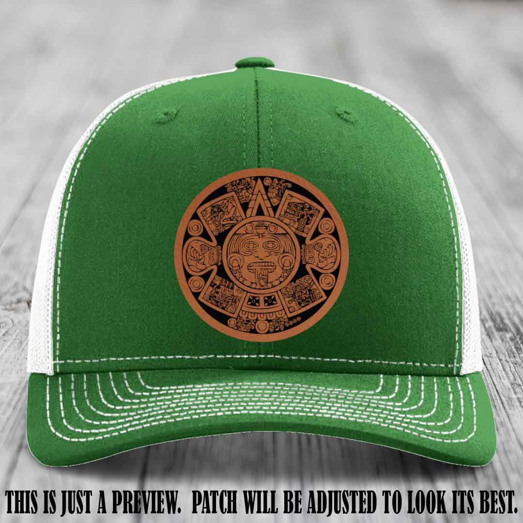 Aztec Vibes Rawhide to Black Patch Leather patch on Kelly to White Hat Richardson 112 custom trucker hat
