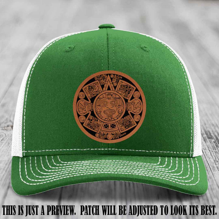 Aztec Vibes Rawhide to Black Patch Leather patch on Kelly to White Hat Richardson 112 custom trucker hat
